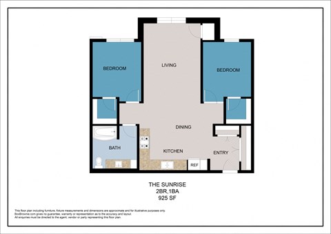 Floor plan for 2 beds, 1 bath, 925 sqft